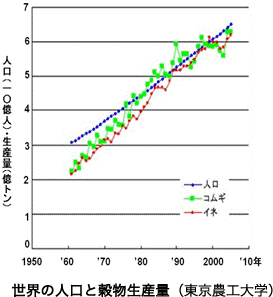 世界の人口と穀物生産量（東京農工大学）